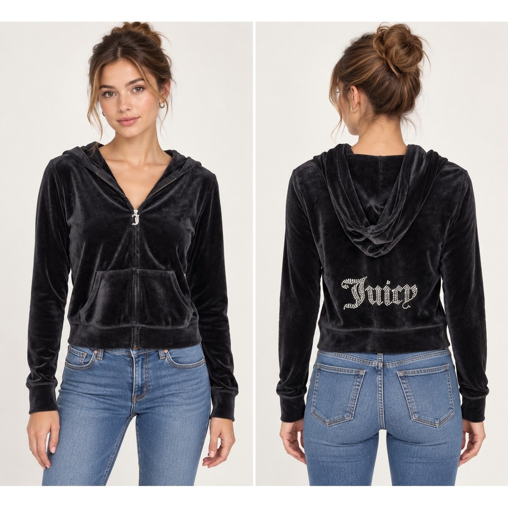 Juicy Couture Black Velour Rhinestone Logo Zip Up Hoodie Jacket Medium M 0501